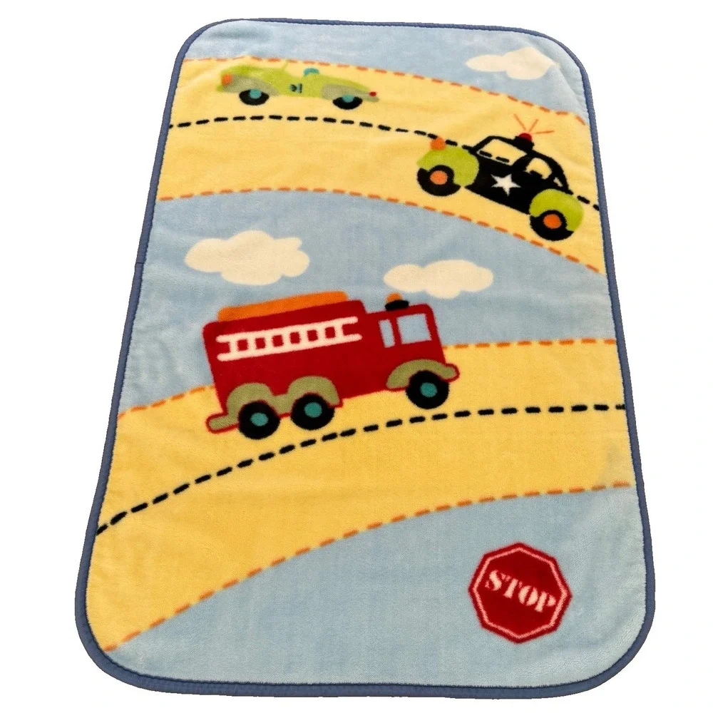 Baby Connection Blanket Blue Fire Truck Police Car Yellow Road Stop Thick Plush